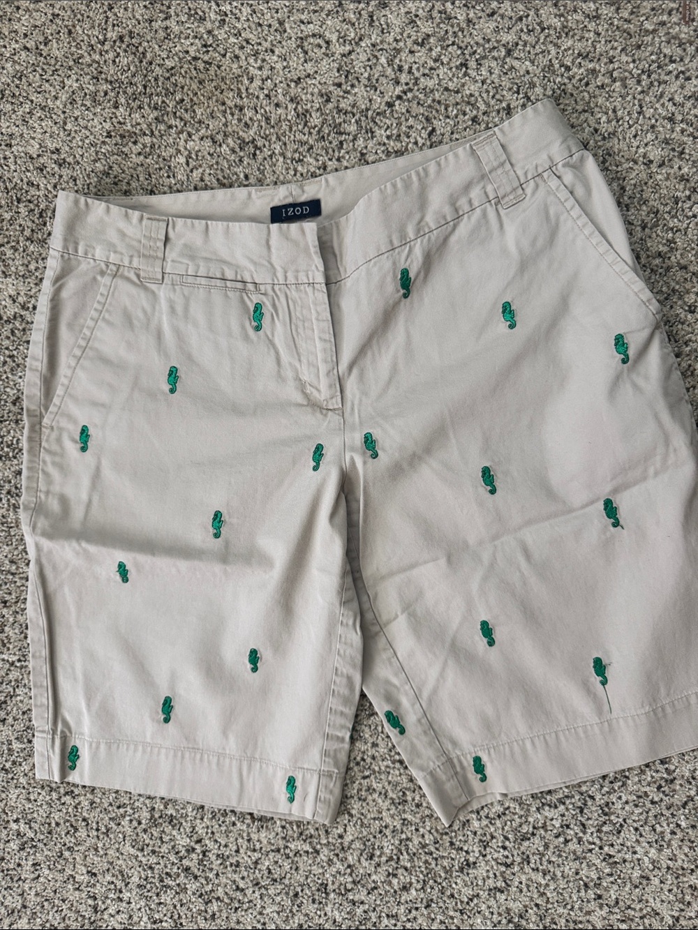 Izod Beige Khaki Bermuda Shorts with Green Embroidered Seahorses